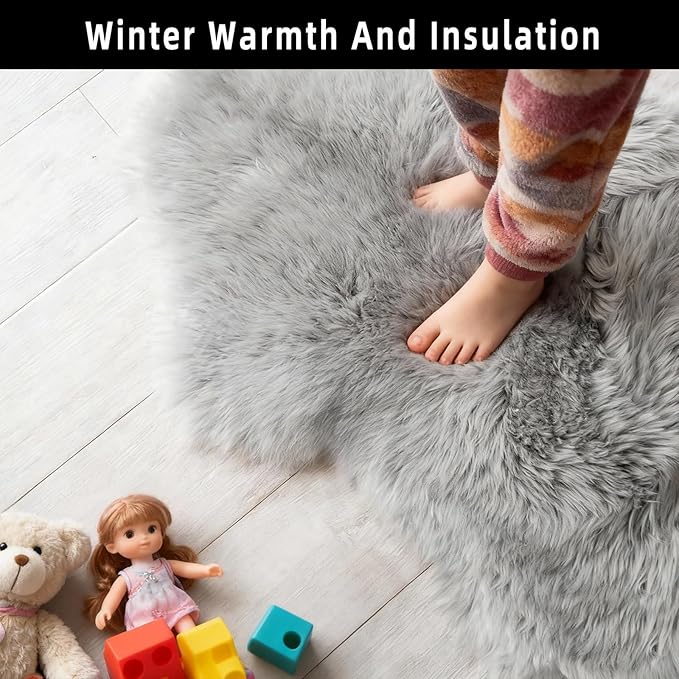 Grey Faux Fur Sheepskin Area Rug for Living Room Bedroom, 2 x 6 Feet Ultra Soft Shaggy Fuzzy Furry Carpet Chair Throw Runner Rugs for Kids, Girls, Nursery Room Decor Dorms