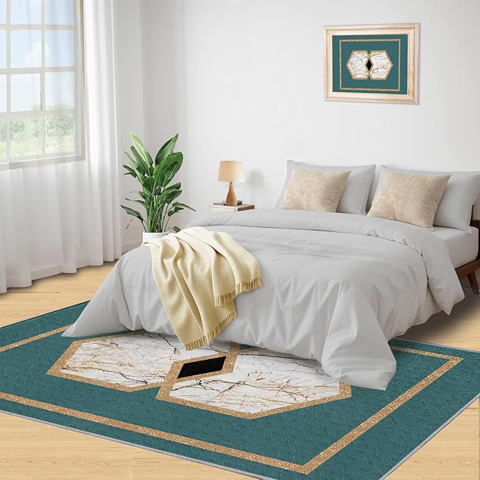 Jadeite Marble Area Rug Abstract Marble Texture Area Rugs for Living Room Light Luxury Stone Crack Carpet Gold Geometric Stripes Outdoor Carpet for Bedroom Living Room 6x9ft