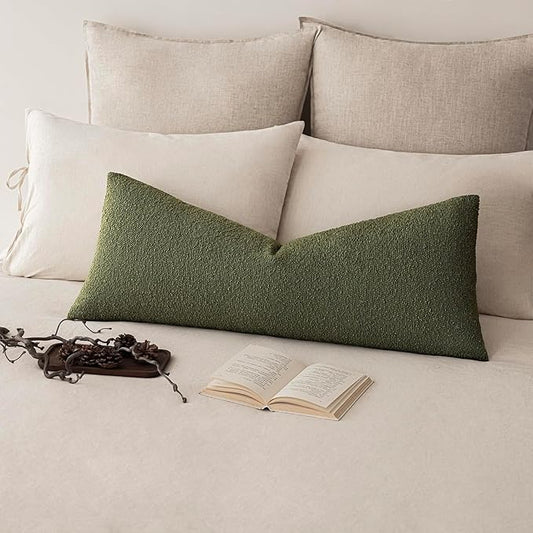 Foindtower Decorative Textured Boucle Throw Pillow Covers Accent Solid Pillow Cases Neutral Long Body Lumbar Couch Cushion Case for Chair Sofa Bedroom Living Room Home Decor 14x36 Inch,1PC,Moss Green
