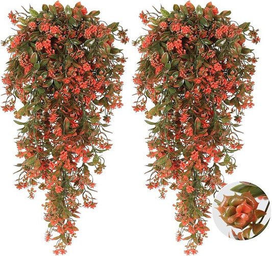 RECUTMS 2Pcs Fake Fall Plastic Outdoor Flowers Artificial Fall Hanging Plants Faux Greenery Vine Plant for Indoor Room Front Door Garden Porch Patio Wedding Party Decorations (Autumn Red)