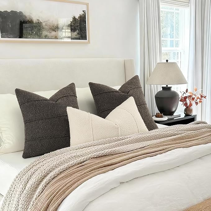 YCOLL Textured Boucle Throw Pillow Covers 22x22 Pack of 2 - Soft Neutral Striped Cushion Covers, Cozy Accent Decorative Pillow Covers for Couch, Sofa, Bed, Living Room (Dark Gray)