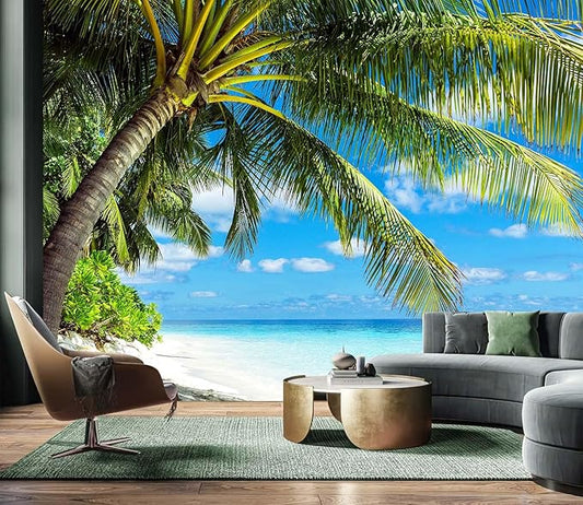 AFZEVEB-Beach Wall Mural Tropical Palm Tree Landscape Wallpaper for Bedroom 159"x107"(Not Peel and Stick)