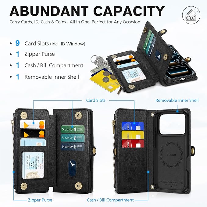 TUCCH Removable Crossbody Case Wallet for iPhone 17 Pro 2025, 9 Card Slot RFID Blocking, Stand, Lanyard, Wrist Strap, Wireless Charging, Zipper Pocket, PU Leather, Magnetic Flip Cover, Textured Black