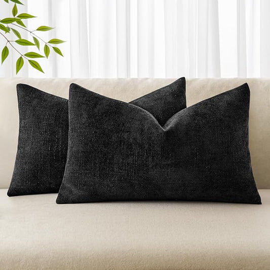 MIULEE Pack of 2 Decorative Throw Pillow Covers Soft Chenille Throw Pillows Solid Textured Lumbar Cushion Covers for Couch Sofa Bedroom Living Room 12x20 Inch, Black