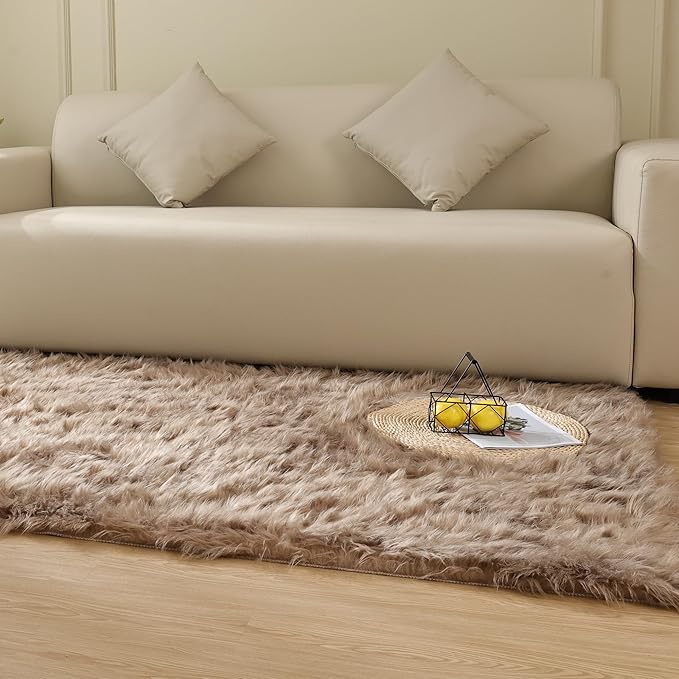Faux Sheepskin Beige 3x5 Fluffy Fur Washable Area Rugs for Bedroom Shaggy Carpet for Living Room Nursery Rug Cute Home Décor