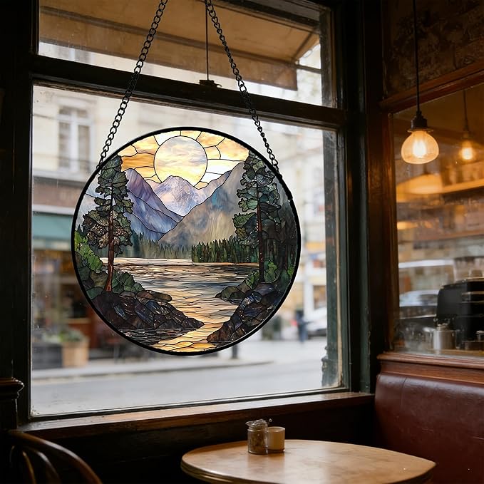 Stained Glass Window Hanging, Sunset Mountains Lake Tree Sun Catcher for Window Home Decor Landscape Suncatcher Mother's Day Birthday Gifts for Women Men Mom and Nana 6.3 in