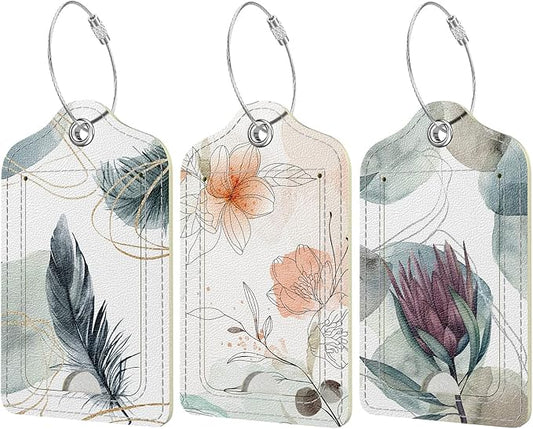 Rimilak 3 Pcs PU Leather Luggage Tags for Suitcase, Travel Cruise Luggage Tag with Privacy Flap, Name ID Label and Metal Loop for Women Men Baggage Handbag School Bag Backpack, Ink Flower