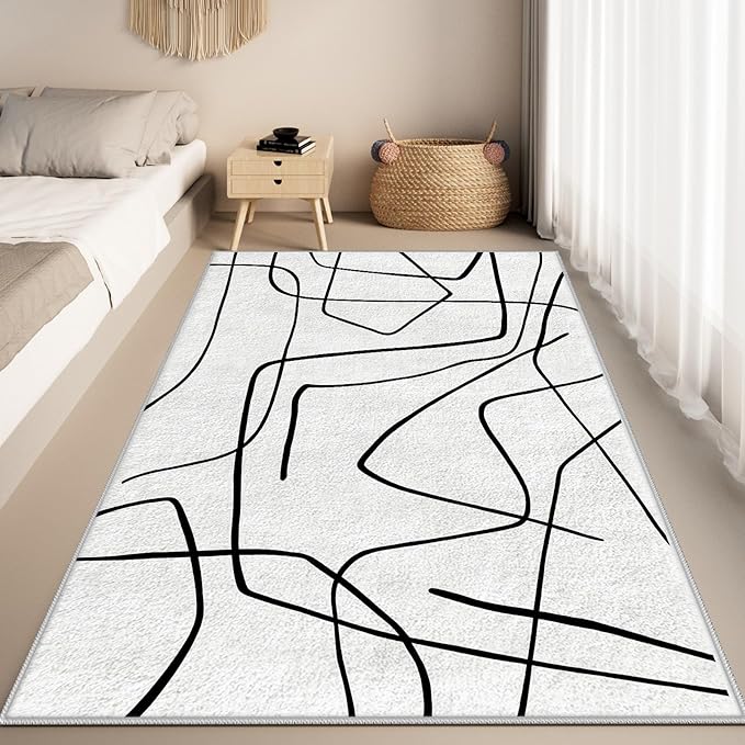 Black and White Rug - Abstract Area Rug, Black and White Rugs for Living Room, Modern Minimalist Washable Rugs, Contemporary Carpet Non Slip Home Decor, Curve 7x10