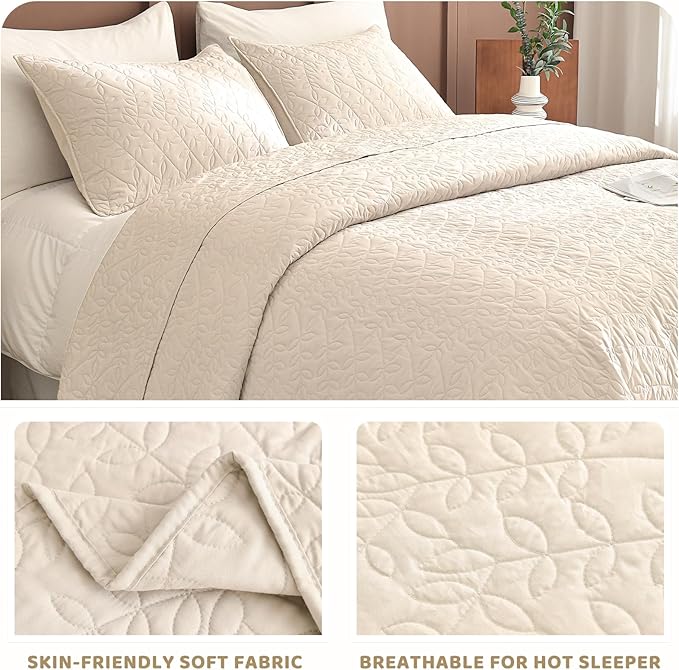 Sanracie California King Quilt Set 128"x 120", Wheat Colored 100% Cotton Oversized King Bedspread Coverlet Set Leaves Quilting 3Pcs Extra Large Wide Quilt Bedding Set for All Season Lightweight Soft