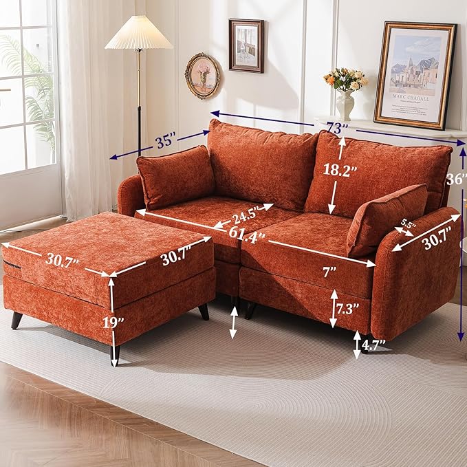 73'' Loveseat Sofa with Seats Storage, Modular Sectional Sofa with Movable Ottoman,Oversized Comfy Couches with Deep Seat,7.8'' Cushion,Couch for Living Room,Bedroom,Chenille,Orange