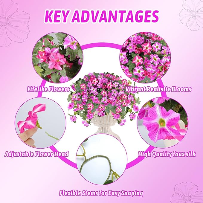 Artificial Fake Flowers for Outdoor Decoration,4 Pcs Faux Petunias Flowers UV Resistant Silk for Porch Yard Garden Home Indoor Decor(Purple Red)