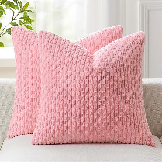 Kevin Textile Valentines Day Decorative Pillow Covers Set of 2 Striped Plush Corduroy Pillows Pillowcases Boho Home Decor Cushion Covers for Couch Sofa Bed Living Room 24x24 Inch, Pink