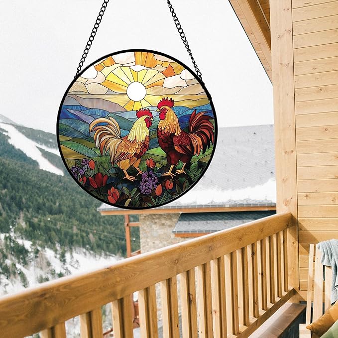 Stained Glass Window Hanging, Countryside Scenery Chicken Sun Catcher for Door Home Decor Sunrise Suncatcher Christmas Mother's Day Birthday Gifts for Women Men Mom Nana 6.3 in