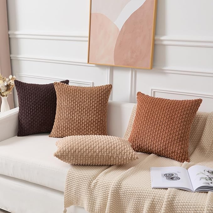 Kevin Textile Decorative Pillow Covers Set of 2 Striped Plush Corduroy Pillows Pillowcases Boho Home Decor Cushion Covers for Couch Sofa Bed Living Room 18x18 Inch, Coffee