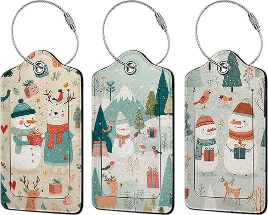 Christmas Deer Snowman Luggage Tag 3 Pack Travel Cruise Luggage Tags for Suitcases, Identifiers Bag Tags with Privacy Flap, Baggage Name Tag for Women Men Luggage Backpack Handbag School Bag
