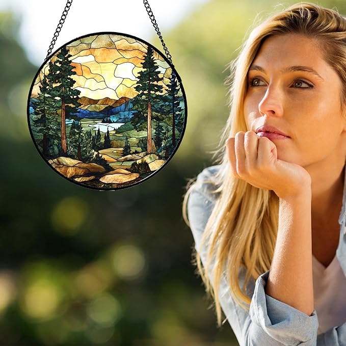 Stained Glass Window Hanging Forest Lake Mountain Sunset 7.8" - Suncatcher Door Garden Sunroom Sun Catcher Home Decor Birthday Christmas for Mom Men Woman Nana Friend