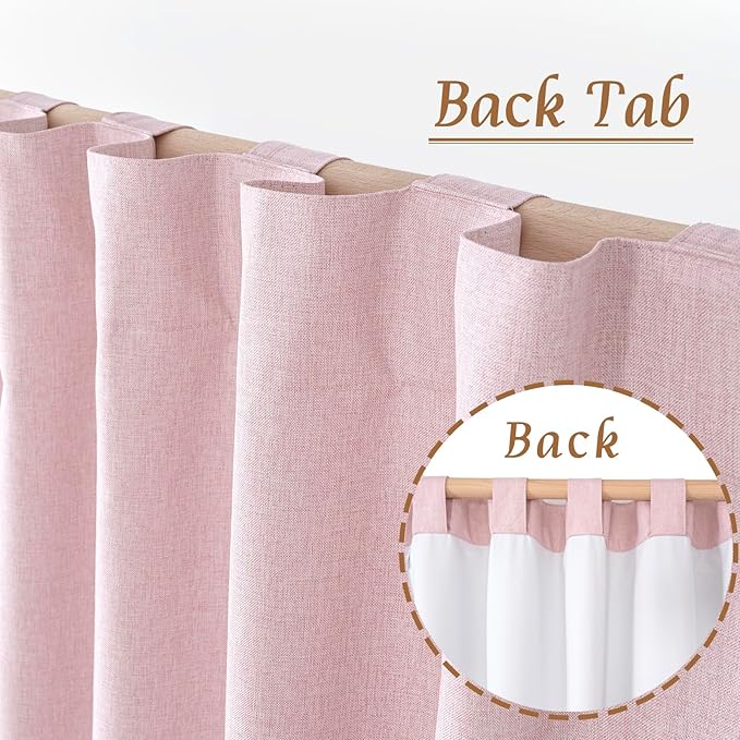 LAMIT Linen Full Blackout Window Curtains for Bedroom, 54 Inches Thermal Farmhouse Curtains Back Tab and Rod Pocket Privacy Protected Burlap Panels with White Liner, 2 Panels, 38 x 54 Inch, Pink