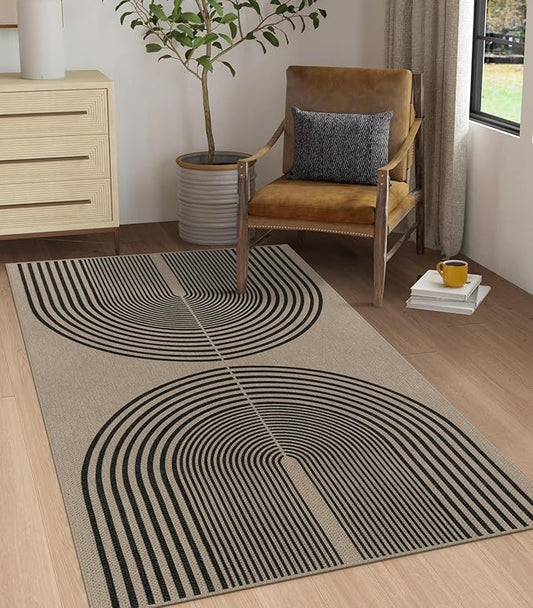 Easy Jute Rainbow Area Rug, 3x5 Indoor Outdoor Entryway Rug Washable Non-Slip Modern Boho Kitchen Rugs, Black and Nature Abstract Throw Carpet for Living Room Patio Kids Room