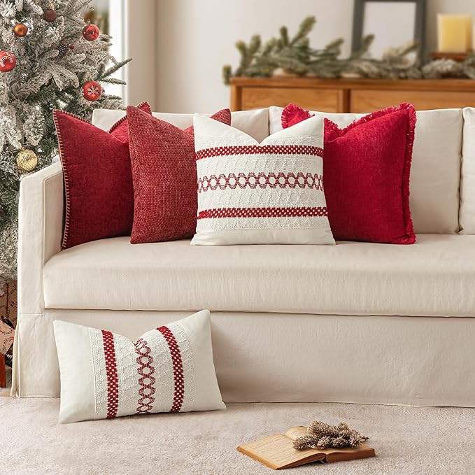 MIULEE Pack of 2 Christmas Red Couch Throw Pillow Covers 18x18 Inch Modern Boho Accent Decorative Pillow Covers Soft Chenille Farmhouse Cushion Covers for Home Decor Bed Sofa Living Room