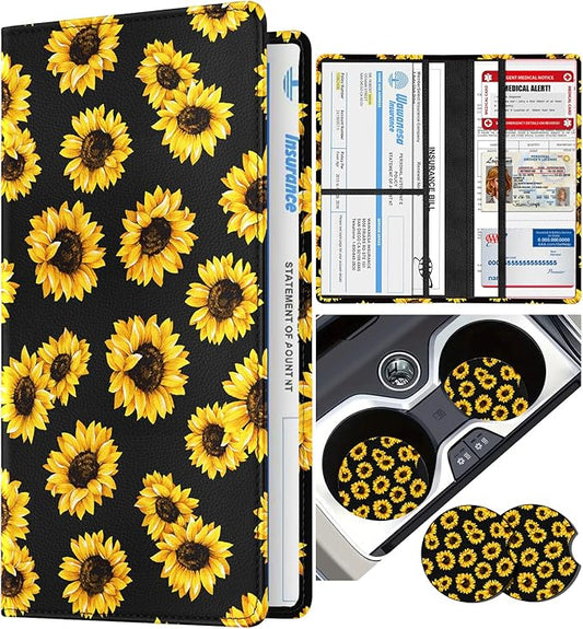 Slohif Car Registration and Insurance Card Holder with Magnetic Shut - Vehicle Glove Box Organizer Women Leather Automobile License Holders Coasters Auto Accessories Case for Document,Sunflower