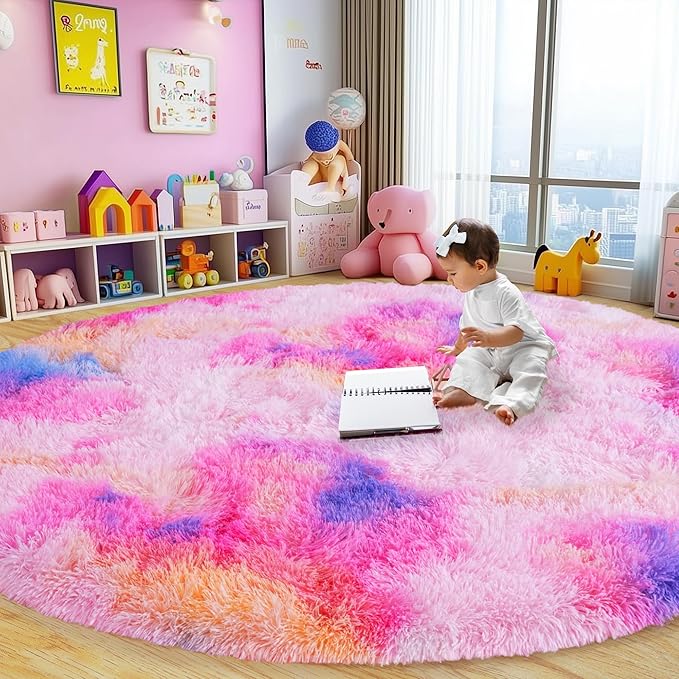 Round Fluffy Rugs 6Ft for Girls Bedroom, Dark Rainbow Shag Circle Kids Rug Non-Slip for Bedside Dorm Nursery Playroom, Soft Cute Area Rugs for Living Room Decor