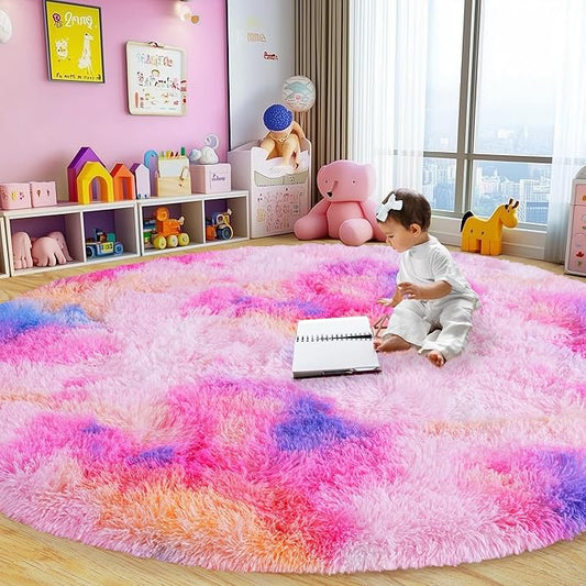 Round Fluffy Rugs 8Ft for Girls Bedroom, Dark Rainbow Shag Circle Kids Rug Non-Slip for Bedside Dorm Nursery Playroom, Soft Cute Area Rugs for Living Room Decor
