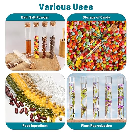 6pcs 100ml Glass Test Tube with Cork Stopper, 30 x 200mm Flat Bottom Storage Tube with Cap, 6 Holes Acrylic Rack, Plant Propagation Vase Set for Scientific Experiments Lab Candy Party Decor
