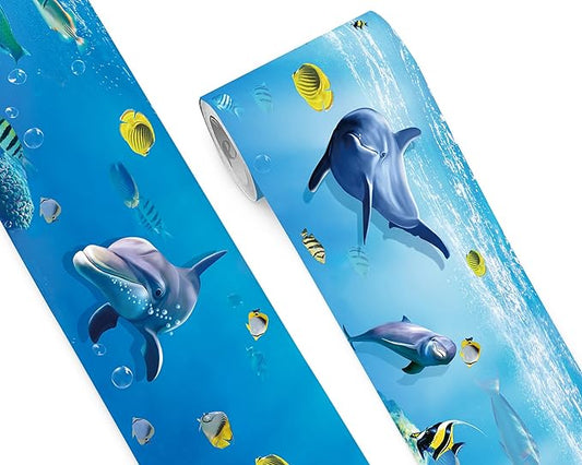 FLFK Peel and Stick Wallpaper Border Wall Decals for Kids Room - Under The Sea Fish Stickers Murals, 8" x 240" (Blue)