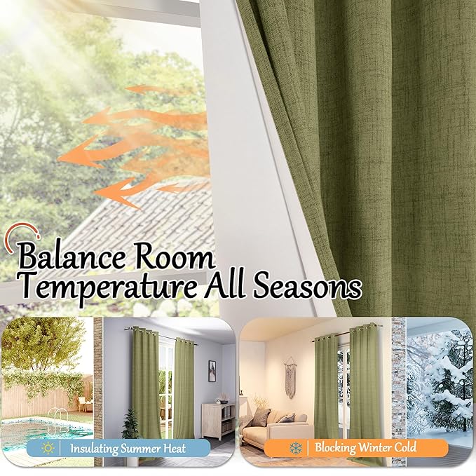 Lajode Linen Blackout Curtains 90 Inch Long, Olive Green Extra Long Curtains for Bedroom Living Room Modern Farmhouse, Thermal Light Blocking Faux Linen Energy Save Drapes Each 52x90 Inch 2 Panels