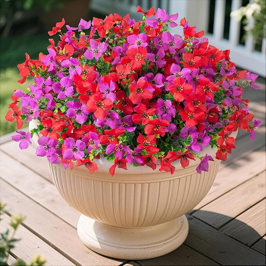 Artificial Faux Plants Flowers Outdoor Spring Summer Decoration, 12 Bundles Fake Silk Colorful Daisy Eucalyptus Realistic UV Resistant for Outside Home Planter Porch Patio Yard Decor (Red Purple)
