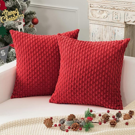 Kevin Textile Christmas Red Corduroy Decorative Throw Pillow Covers 24x24 Inch Pack of 2 Soft Boho Striped Pillow Covers Modern Farmhouse Home Decor for Autumn Sofa Living Room Couch Bed