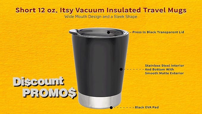 DISCOUNT PROMOS 12 oz. Itsy Vacuum Insulated Travel Mugs - 6 Pack - Black