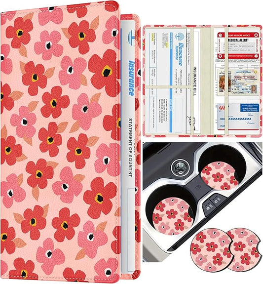 Slohif Car Registration and Insurance Card Holder - Floral Vehicle Glove Box Organizer Women with Magnetic Shut Leather Automobile License Holders Coasters Auto Accessories Case for Document