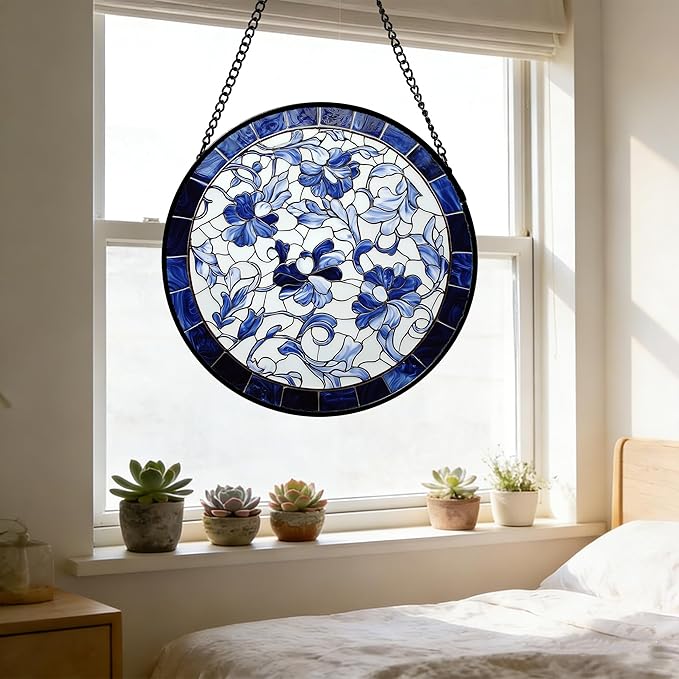 Stained Glass Window Hanging, Blue and White Abstract Flowers Sun Catcher for Door Home Decor Suncatcher Christmas Mother's Day Birthday Gifts for Women Men Mom and Nana 15 in