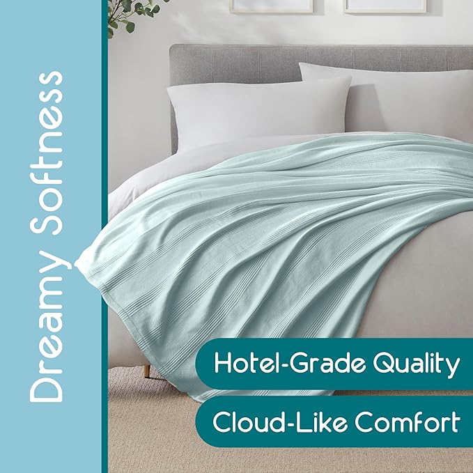 100% Cotton Twin Size Blanket | Super Soft Breathable Lightweight Throw | All-Season Knit Blanket | Luxury Hotel Style | Easy Care | Oeko-Tex Certified | Light Blue