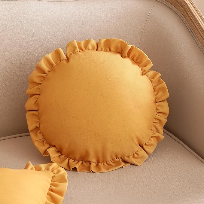 ISAENNE Classic Yellow Round Throw Pillow Cover Diameter 16", Solid Color Farmhouse Linen Cotton Decoration Pillow Cover with Ruffles, Sturdy Throw Pillow Case for Couch Sofa Bed Living Room