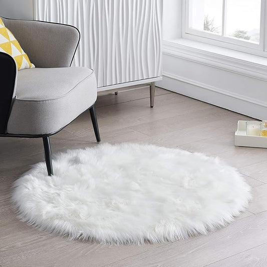 Round Fur Fluffy Area Rug for Bedroom, White Faux Fur Rugs Furry Circle Rug for Kids Room, Cute Furry Nursery Carpet, Plush Shag Circular Rugs Floor Carpets for Teen Girl Room, 3x3 Ft