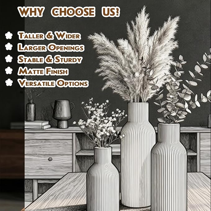 Colorful Ceramic Vases Set of 3 (Pink, Blue, Yellow) - Modern Matte Ribbed Color-Block Vases for Dried Flowers - Scandi Boho Decor Centerpieces for Living Room & Shelf