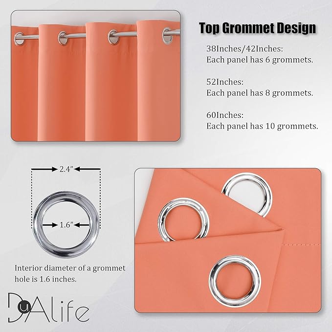 DUALIFE Coral Curtains 63 Inches Long 2 Panels Set - Room Darkening Window Curtain Panels for Living Room 52 W x 63 L Inch Burnt Coral