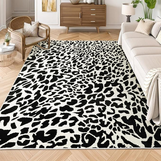 YIHOUSE Leopard Rug for Living Room, Black and White Cute Cheetah Print Rug Modern Washable Animal Printed Rugs for Bedroom, Girls Boys Dorm Room Nursery Room, Playroom, 6x9
