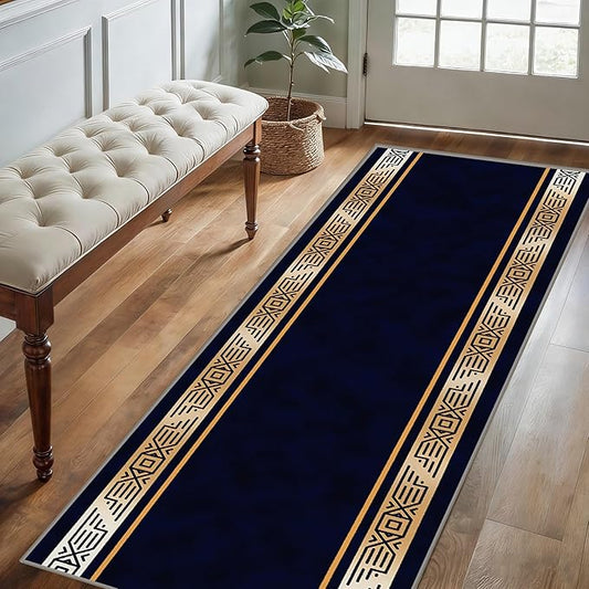 Abstract Navy Blue Runner for Entryway, 2.6x7ft, Retro Luxury Gold Geometric Border Living Room Rug, Print Fade Resistant Absorbent Dirty Resistant Long Indoor Rugs for Bedside Sofa