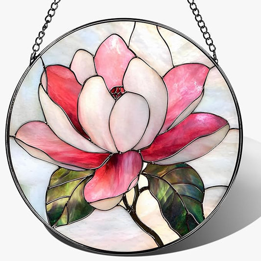 8-Inch Stained Glass Ornament, Stained Glass Window Hanging, Window Hanging Decor Suncatcher, Magnolia Flower Ornament | Holiday, Mother's Day, Birthday | Gifts for Nature and Garden Lovers