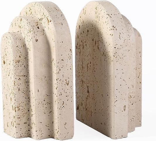 Natural Marble Book Ends - Heavy Duty Bookends for Shelves - Aesthetic Layered Arch Design Stone Book Holders, Unique Modern Office Bookshelf Stopper Decor for Books/CDs(Travertino Turkey)