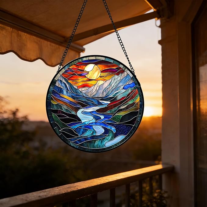 Stained Glass Window Hanging, Canyon Mountains Sunset View Sun Catcher for Window Home Decor Landscape Suncatcher Mother's Day Birthday Gifts for Women Men Mom and Nana 6.3 in