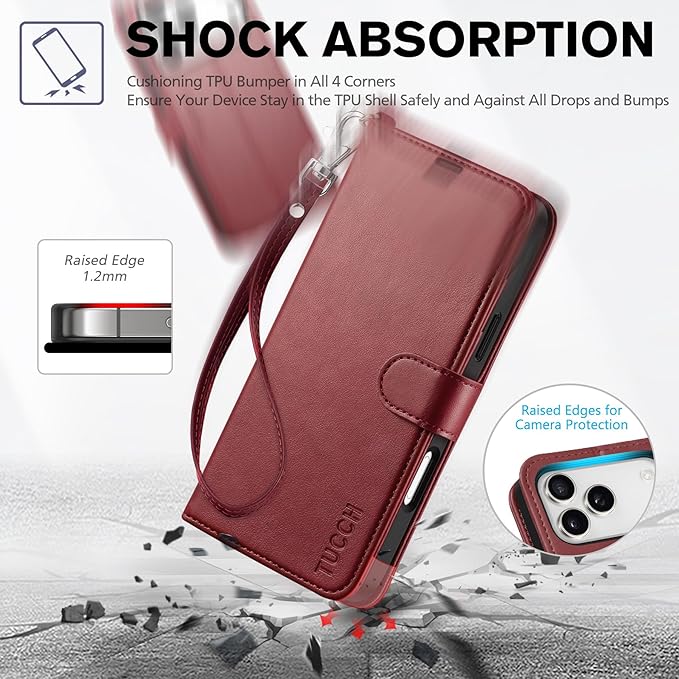 TUCCH Case Wallet for iPhone 17 Pro Max (6.9-Inch) 2025, Wrist Strap | Stand | RFID Blocking | 4 Card Holders | TPU Shockproof Inner Shell | PU Leather | Magnetic Folio Cover | Dark Red