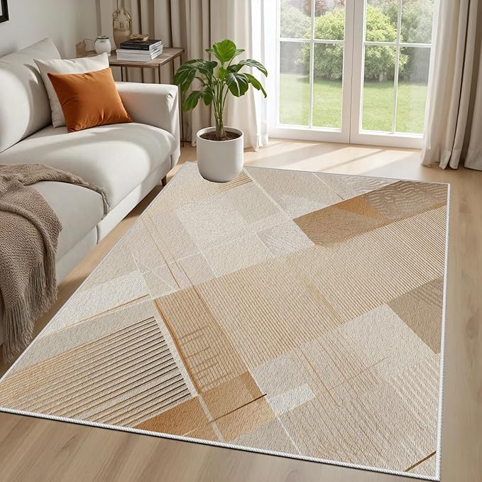 Minimalist Abstract Area Rug 8x10 Brown Boho, Modern Washable Stripe Art Rugs, Soft Non-Slip Low-Pile Carpet for Living Room, Bedroom, Kitchen, Dining Room, Pet Friendly, Non-Shedding, Beige
