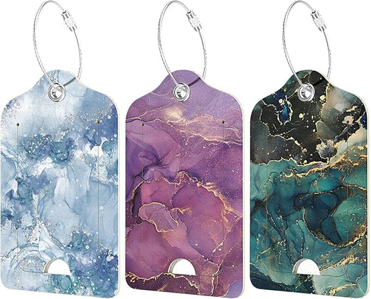 Rimilak 3 Pcs PU Leather Luggage Tags for Suitcase, Travel Cruise Luggage Tag with Privacy Flap, Name ID Label and Metal Loop for Women Men Baggage Handbag School Bag Backpack, Modern Marble