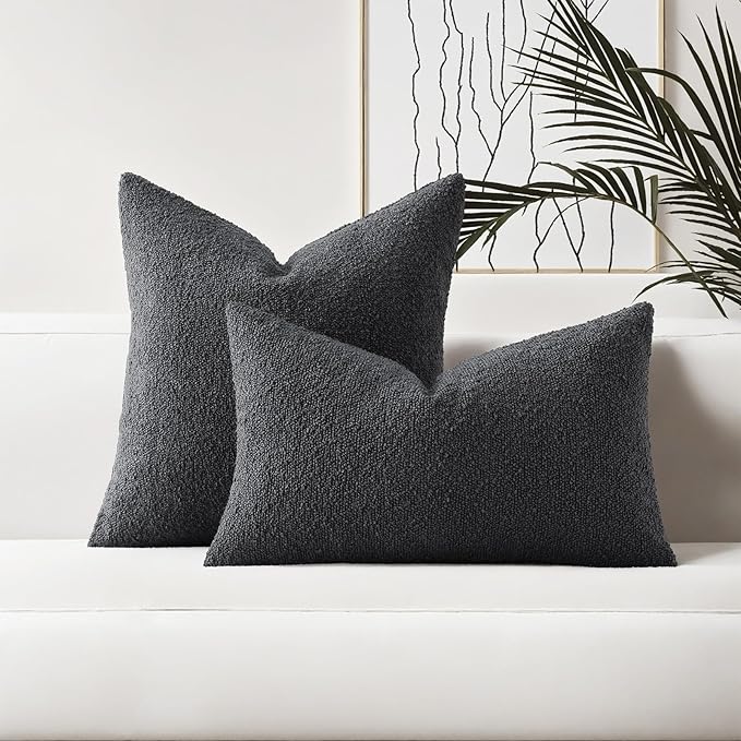 HAUSSY Set of 2 20x20 Decorative Throw Pillow Covers, Soft Cozy Textured Boucle Couch Cases, Home Decor for Couch Bed Living Room, Dark Grey