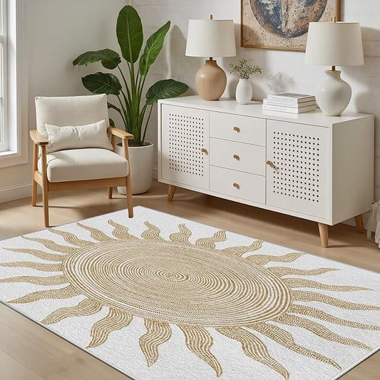 Boho Washable Rugs for Bedroom 5x7, Modern Sun Print Soft Minimalism Area Rug, Non Slip Low Pile Abstract Carpet for Classroom Living Room Decor Dining Room Sofa Kids Nursery Room, Beige Yellow