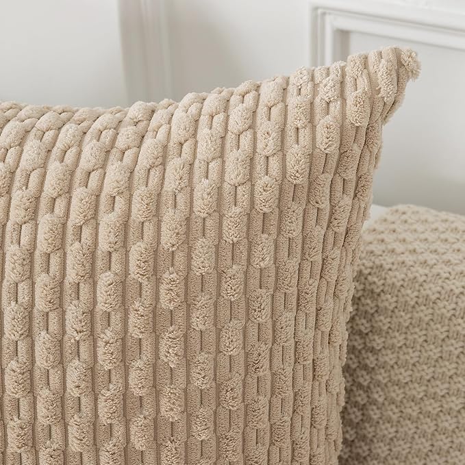 Kevin Textile Throw Pillow Covers Soft Corduroy Decorative Set of 2 Boho Striped Pillow Covers Pillowcases Farmhouse Home Decor for Couch Bed Sofa Living Room 26x26 Inch Beige